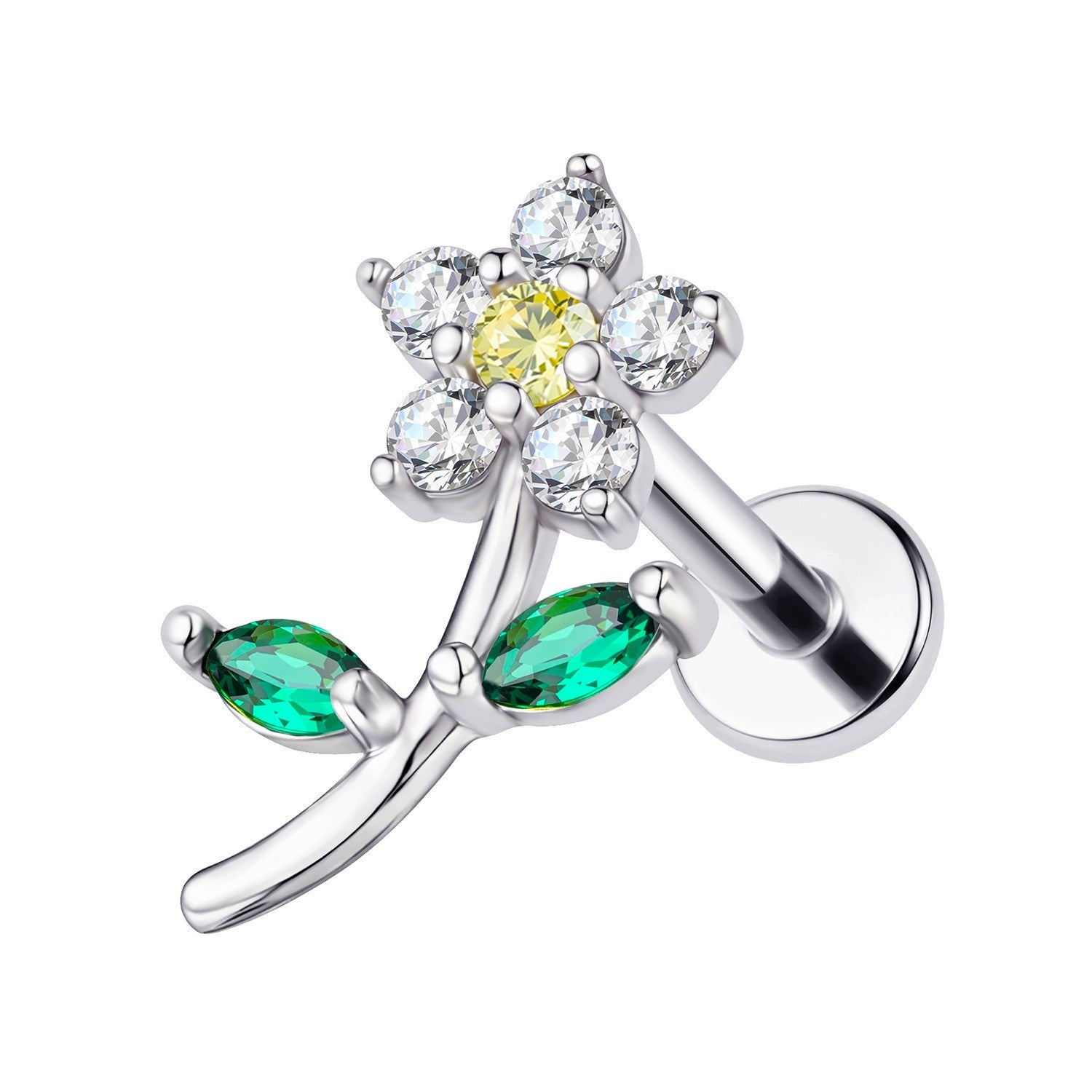 Piercing Labret Flor e Folha Verde Cravejada