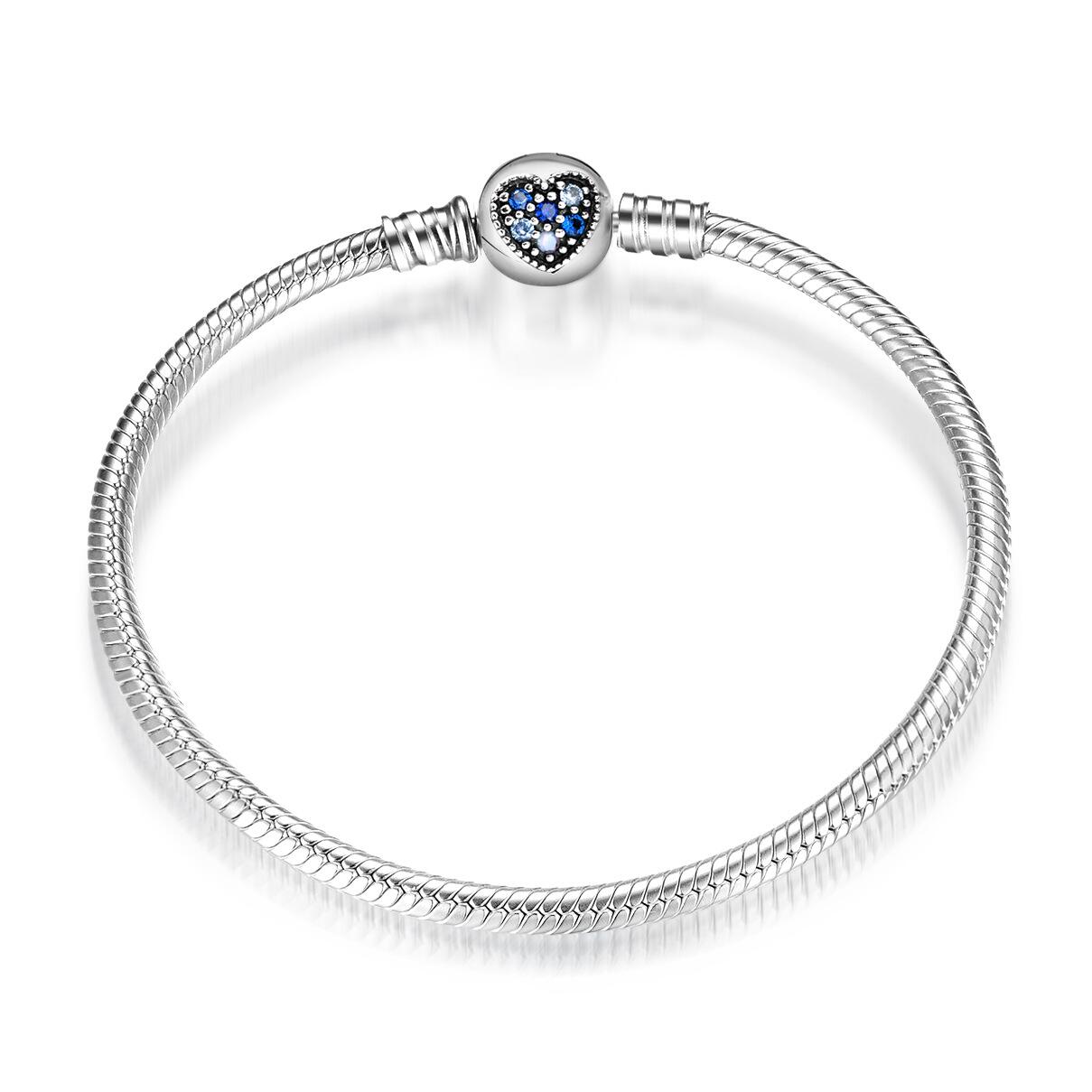 Pulseira Para Berloques com Fecho Coração Azul Cravejado