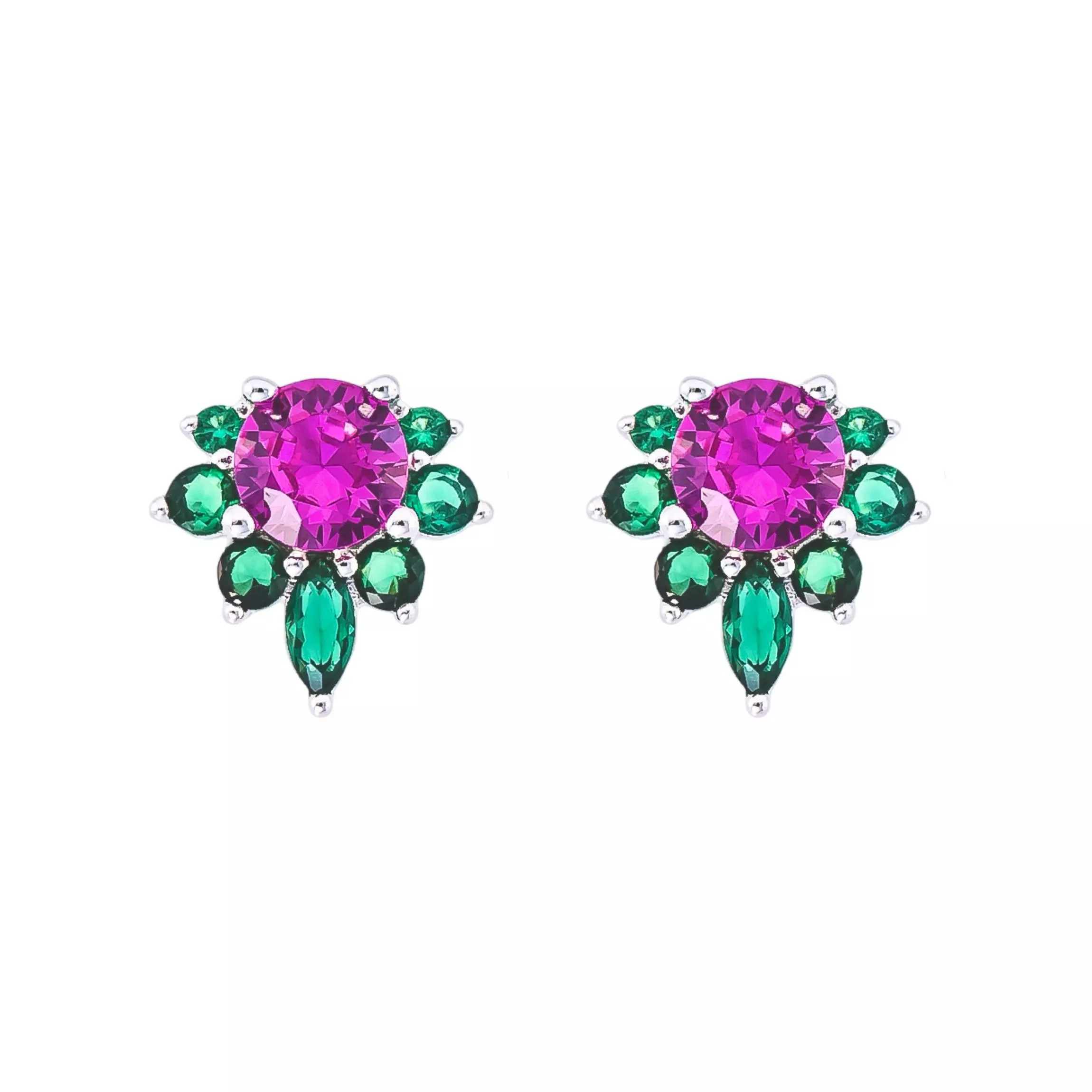 Brinco Flor Cravejada Pink com Esmeralda