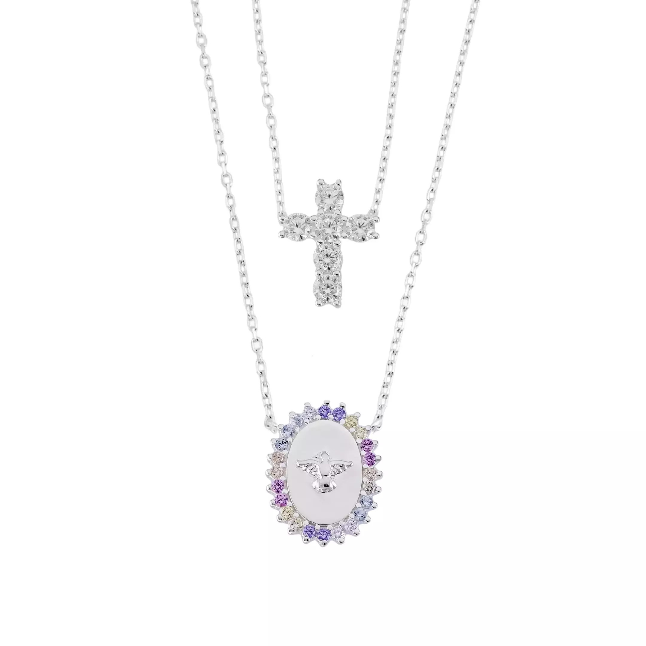 Escapulário Espírito Santo com Zircônia em Prata